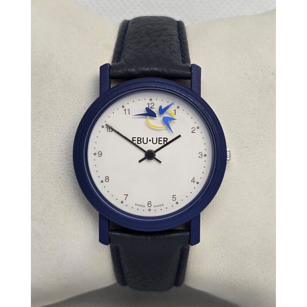 Unisex EBU UER Swiss Made Round White Dial Black Leather Strap Watch 05